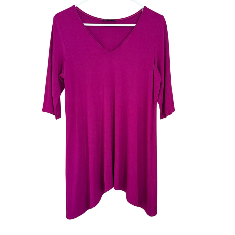 Eileen Fisher Tunic Top M Hot Pink V-Neck Stretch Asymmetric Lagenlook Layering